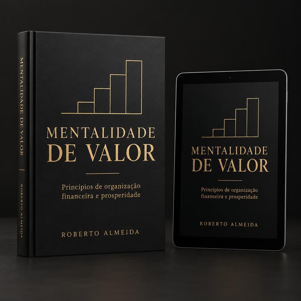 Capa preta e dourada Mentalidade de Valor em livro e tablet; representações do produto digital.