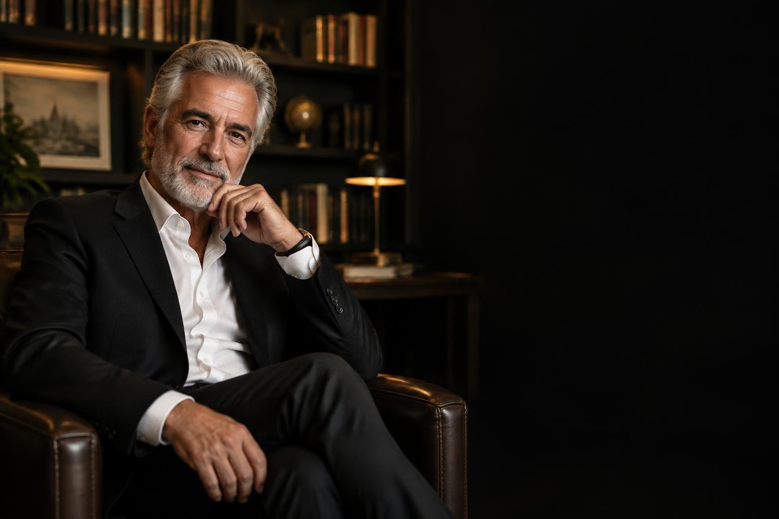 Representação fictícia de Roberto Almeida, de cabelos grisalhos, sentado em um escritório com livros.